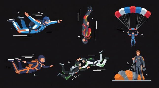 A colourful vector illustration of seven skydivers forming a circle in mid-air against a black background.