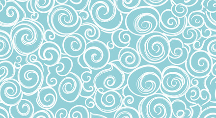 Fototapeta premium Seamless pattern featuring white hand-drawn swirls and clouds on a serene light blue background offers a whimsical and artistic texture for backgrounds.