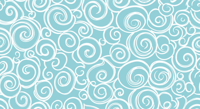 Seamless pattern featuring white hand-drawn swirls and clouds on a serene light blue background offers a whimsical and artistic texture for backgrounds.