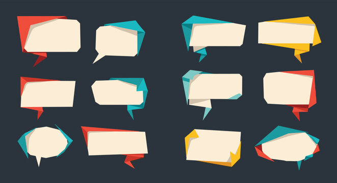 Colorful origami speech bubbles and chat boxes in folded paper style provide creative elements for communication and dialogue design projects.