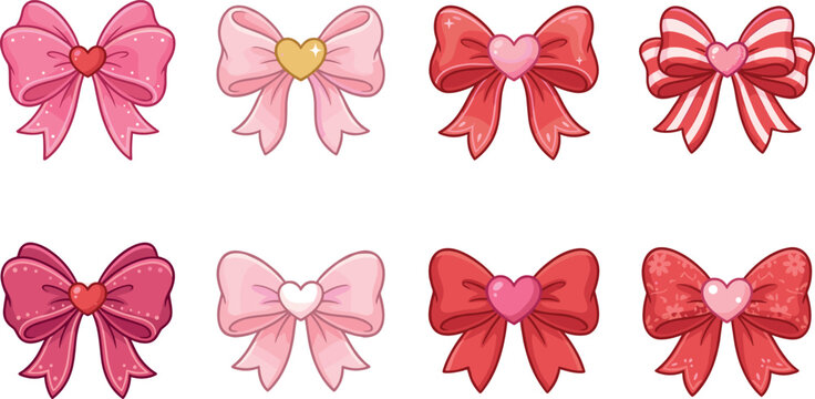 Cute Valentine Ribbon Bow Illustration Set with Heart Decorations, Pink Gift Knots, and Romantic Cartoon Accessories for Feminine Designs
