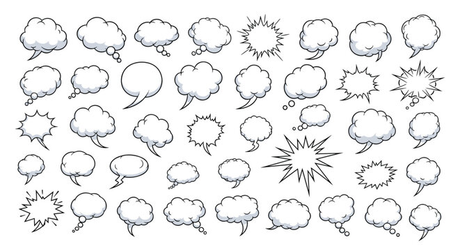 Collection of diverse hand-drawn comic style speech and thought bubbles provides expressive elements for storytelling and graphic design projects.