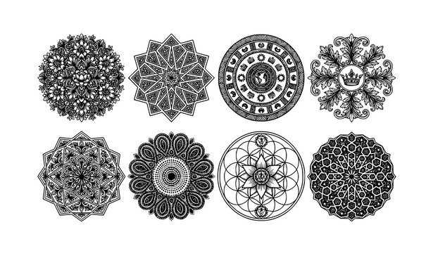 Black and White Hand Drawn Mandala Ornament Vector Set with Decorative Round Lace Patterns