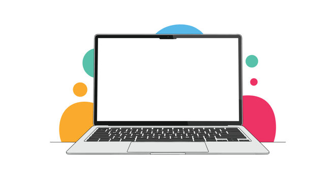 Modern laptop with a blank white screen set against a background of vibrant colorful circles serves as a template for digital content display.