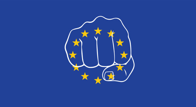 European Union flag featuring a white line drawing of a clenched fist in the center symbolizing strength, unity, or political protest within Europe.