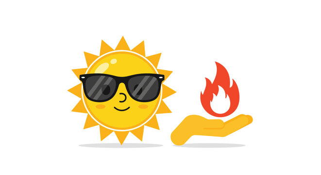 Cheerful cartoon sun character wearing black sunglasses and holding a small fire flame signifies summer heat, power, and high temperature.