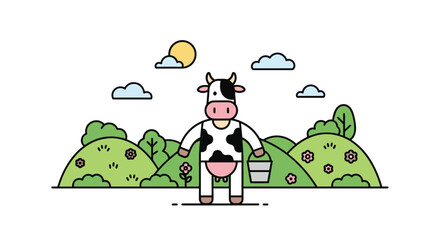 Naklejka premium Cute spotted cow holding a milk bucket standing in a green grassy field with rolling hills and blooming flowers under a warm sun.