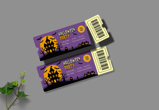 Halloween Party Ticket Template with Haunted House Illustration