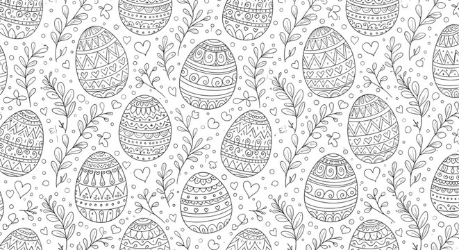 Detailed black and white seamless pattern featuring decorated easter eggs, leafy branches, and small hearts for festive spring designs.