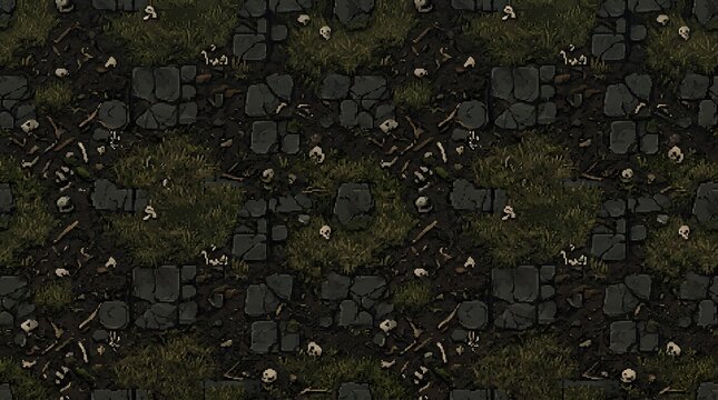 Dark digital photograph showing a top down view of an ancient stone path scattered with old human skulls and weathered bones nestled within patches of wild overgrown green forest grass