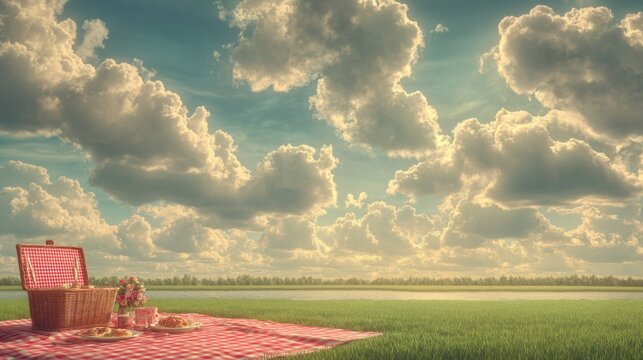 Scenic Picnic Setup on Green Grass with Basket, Delicious Food, and Beautiful Cloudy Sky Over Tranquil Lake Landscape