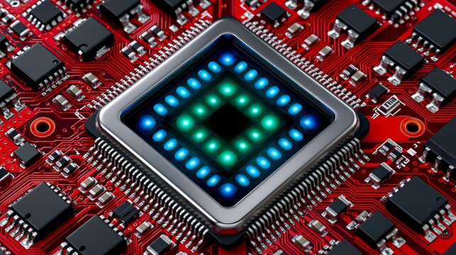 AI processor chip with blue green LED matrix on red circuit board