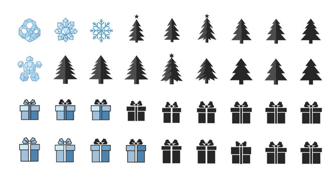 Comprehensive set of winter holiday icons featuring various styles of snowflakes pine trees and wrapped gift boxes in blue and grey tones.