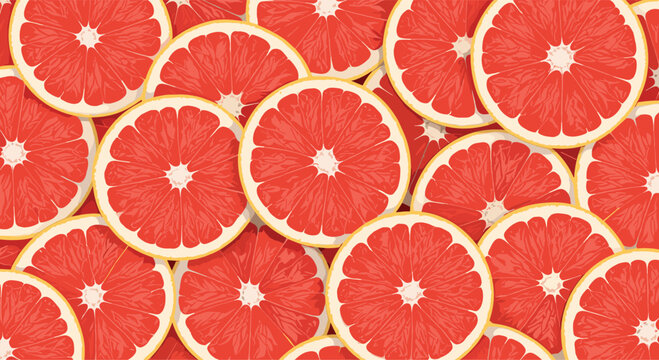 Seamless background pattern featuring many fresh red grapefruit slices overlapping each other for a citrus fruit theme.