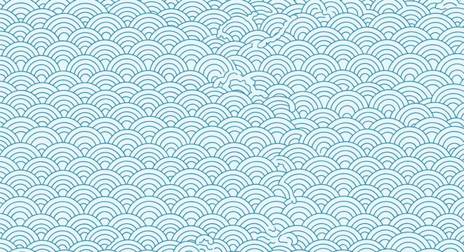 Traditional Japanese wave pattern in light blue color creating a repeating scale texture for oriental design background.