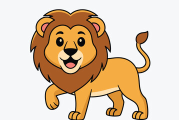 Obraz premium Cute cartoon illustration of a friendly young lion walking with a happy expression on a plain white background surface.