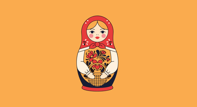 Traditional Russian matryoshka nesting doll with red headscarf and floral apron on a bright orange background.