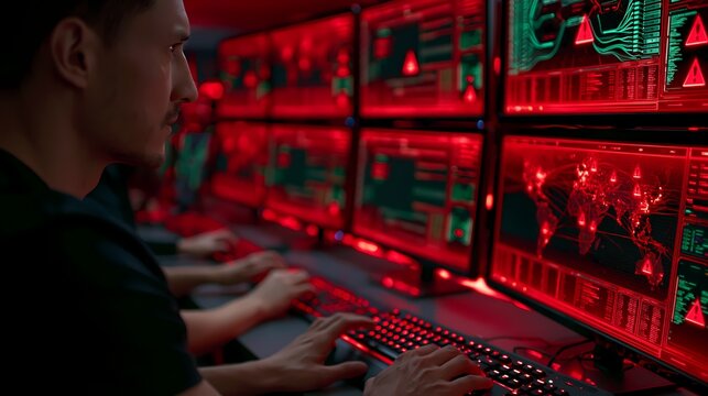Cybersecurity operator man working multiple red glowing monitors security operations center SOC network analyst threat monitoring cyber defense dark room professional illustration