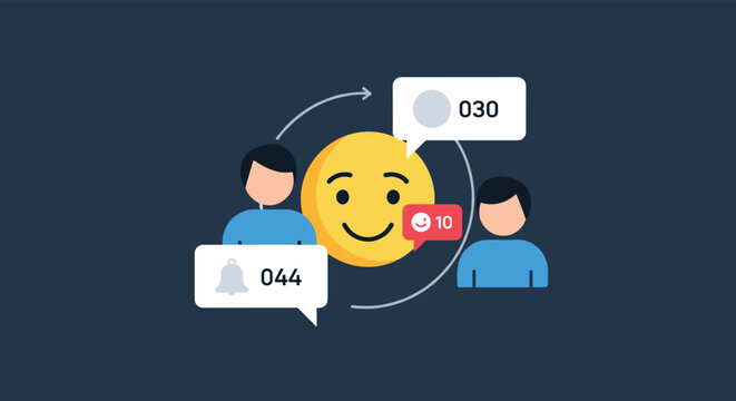 Social media engagement concept featuring a large smiling emoji face surrounded by user avatars and red and white notification bubbles.