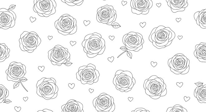 Seamless pattern of delicate hand drawn rose blossoms and small hearts scattered across a clean white background for romantic textiles.
