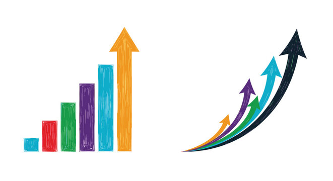 Comparison of two business growth charts showing a bar graph and a group of curved arrows both pointing upwards to represent success.