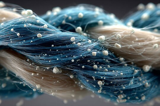 Intricate macro view of blue and cream intertwined fibers, studded with shimmering white crystalline elements, creating a delicate texture.