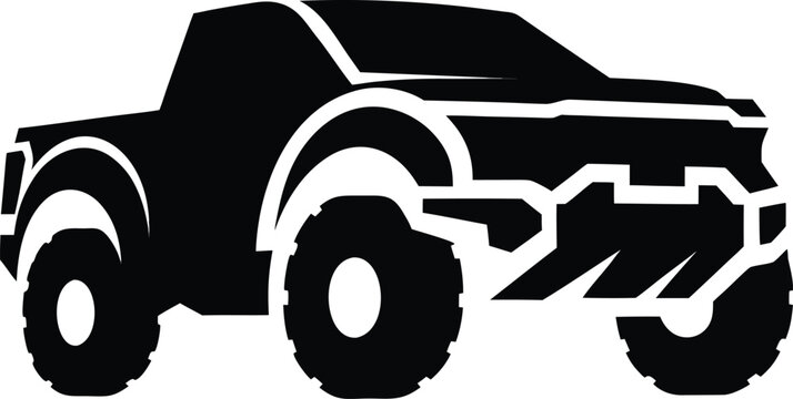 Black truck icon, off-road vehicle silhouette, rugged pickup truck, monochrome illustration