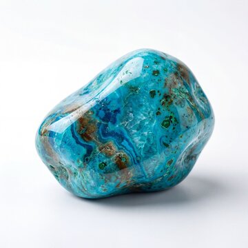 A smooth polished piece of natural turquoise and chrysocolla gemstone isolated on white background.