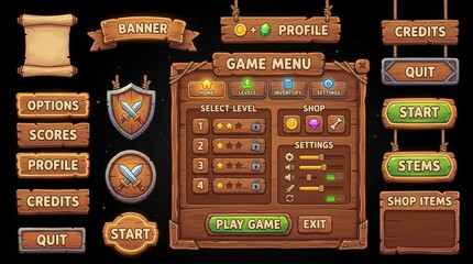 Naklejka premium A collection of cartoonish wooden game user interface elements including menus, settings, and buttons.