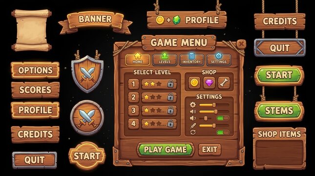 A collection of cartoonish wooden game user interface elements including menus, settings, and buttons.