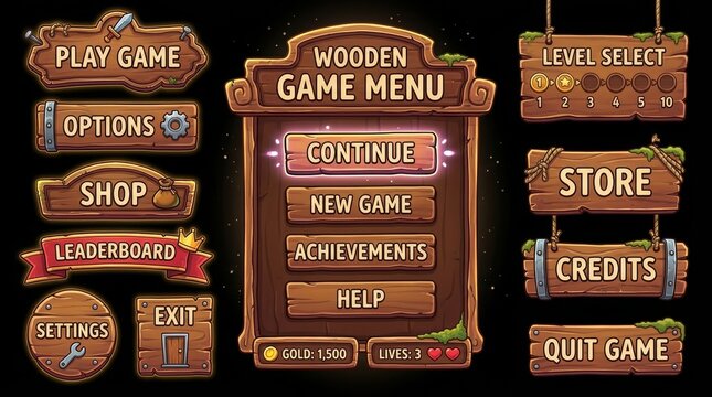 A collection of cartoonish wooden game user interface elements including menus, settings, and buttons.