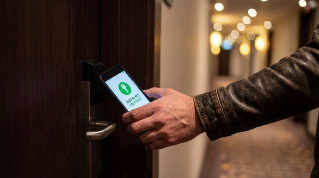 Hand using smartphone digital key to unlock hotel room door in hallway for contactless access smart hospitality security mobile check in concept for modern travel convenience guest experience