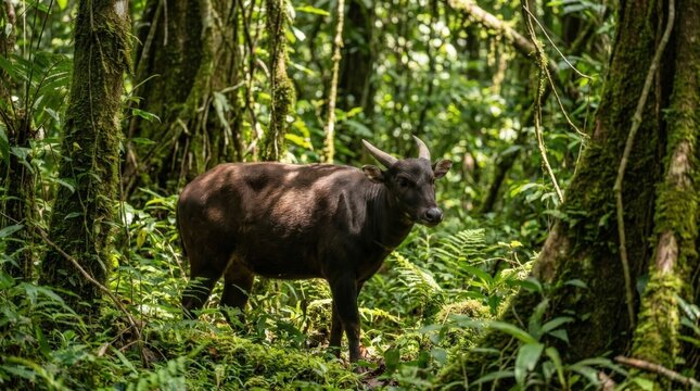 A rare anoa miniature buffalo stands alert within a lush tropical rainforest environment in this high resolution gigapixel image featuring the unique wildlife of the Indonesian archipelago islands.