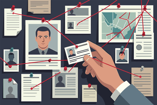 Detailed investigation board showing criminal profiles connected by red string as a detective analyzes clues to solve a complex case.