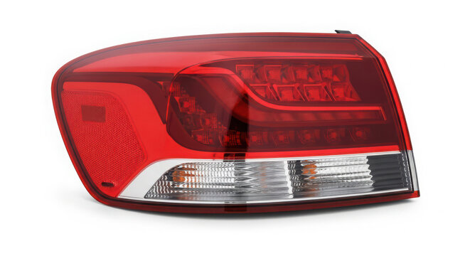 A close up studio photograph of a modern red car tail light assembly isolated against a clean white background surface