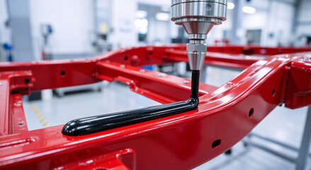 Naklejka premium Automated robotic nozzle dispensing black sealant onto a red metal chassis. Precision manufacturing process in an industrial factory setting