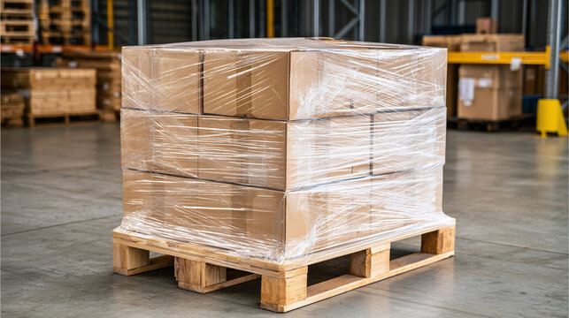 A wooden pallet loaded with boxes is securely wrapped in clear stretch film within a warehouse.