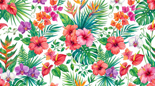 Elegant Tropical Watercolor Floral Seamless Pattern with Hibiscus and Exotic Leaves for Textile Design