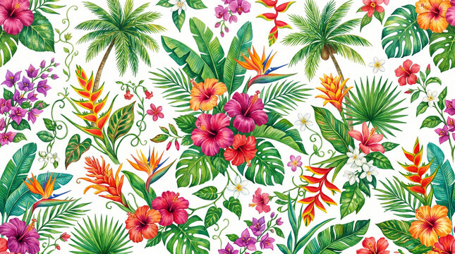 Seamless Tropical Floral Pattern with Hibiscus Flowers Palm Leaves and Exotic Plants on White Background