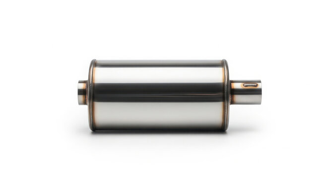 Shiny stainless steel automotive exhaust muffler component captured in a professional studio photo showing high quality metal fabrication and design