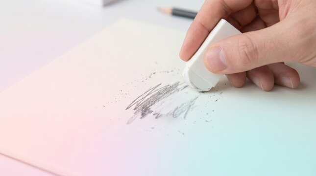 Closeup of a hand using a white eraser to remove pencil scribbles on a gradient paper background
