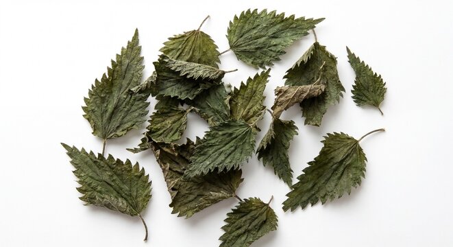 A collection of dried stinging nettle leaves isolated on a clean and bright white studio background.