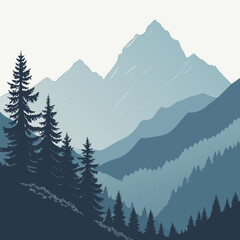 Fototapeta premium Blue mountain peak and pine forest landscape vector illustration with layered hills, mountain
