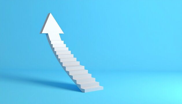 White staircase arrow pointing upwards symbolizing growth, success, and achieving goals