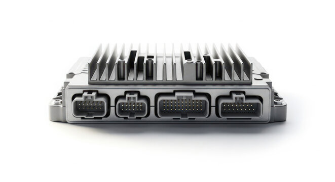 Electronic control unit featuring metallic cooling fins and multiple connector ports captured in this detailed studio product photography image shot