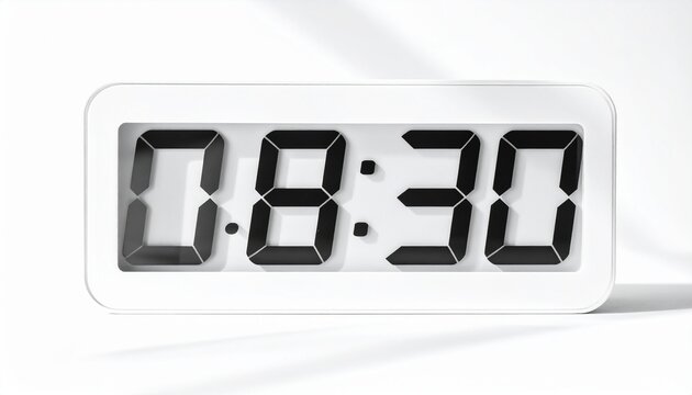 Digital clock stands on a bright surface showing eight thirty as a symbol of morning schedules.