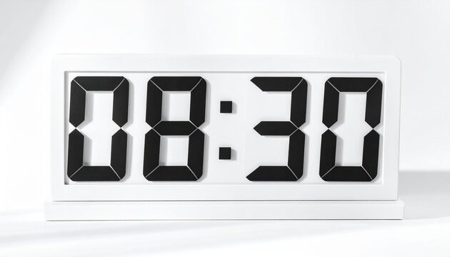 Digital clock displays the time of eight thirty in a clean and minimalist white setting room.