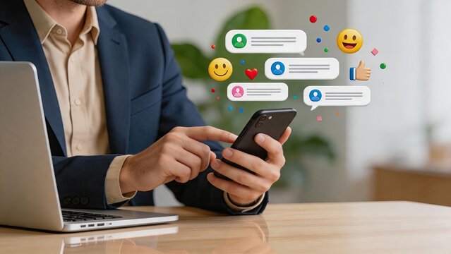 Man using smartphone with floating social media chat bubbles emojis and likes icons, digital communication networking technology concept.