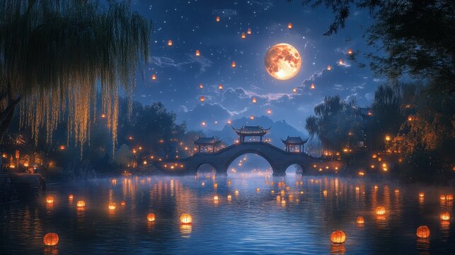 Enchanted Night Scene with Floating Lanterns