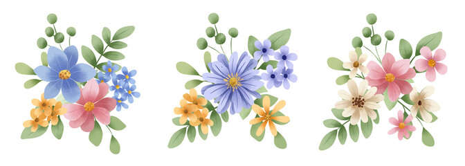 Obraz premium Bouquets set, blossom arrangements. Watercolor clip art hand painting, floral background. Flowers compositions isolated on white background.